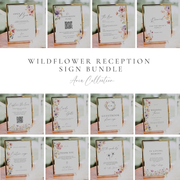 Wildflower Reception Sign Bundle, Floral Wedding Table Signage Printable, Wedding Stationery Template Package, Flower Invitation Bundle AT13