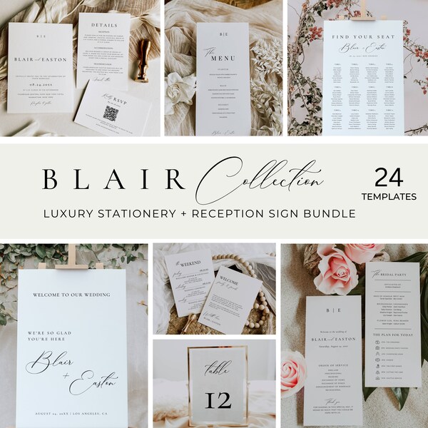 Wedding Stationery Template Bundle, Modern Wedding Reception Bundle, Minimal Table Signs, Monogram Wedding Invitation, Instant Download AT10