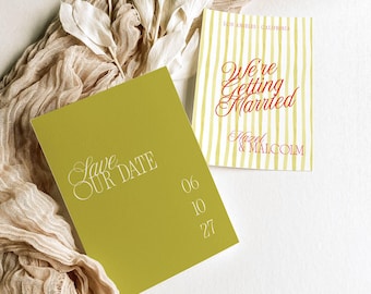Chartreuse Save the Date Card Template, Citrus Wedding Announcement Invitation, Striped Card Digital Download AT35
