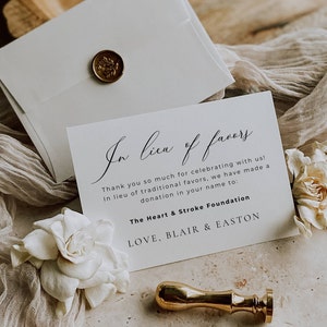 Carte au lieu de faveurs, modèle de mariage de cartes de don, signe de don de mariage imprimable, faveurs de mariage carte d'insertion alternative AT10