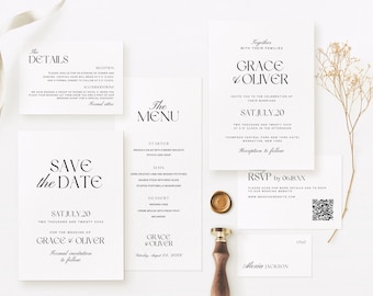 Modern Wedding Invitation Template Bundle, Minimalist Reception Table Signs , Editable Wedding Day Signs AT24
