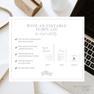 Puede incluir: Plantilla de invitaci&oacute;n de boda editable con un dise&ntilde;o en blanco y negro. La plantilla incluye una invitaci&oacute;n principal, una tarjeta de detalles y una tarjeta RSVP. Las tarjetas se muestran en diferentes tama&ntilde;os: 12,7 x 17,8 cm, 10,2 x 15,2 cm y 13,3 x 8,9 cm.