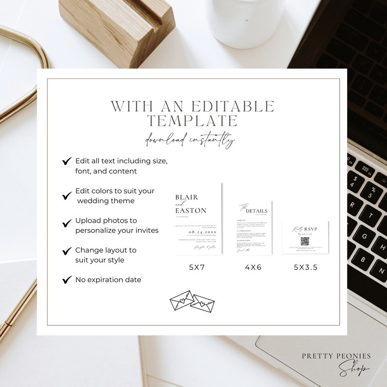 Puede incluir: Plantilla de invitaci&oacute;n de boda editable con un dise&ntilde;o en blanco y negro. La plantilla incluye una invitaci&oacute;n principal, una tarjeta de detalles y una tarjeta RSVP. Las tarjetas se muestran en diferentes tama&ntilde;os: 12,7 x 17,8 cm, 10,2 x 15,2 cm y 13,3 x 8,9 cm.