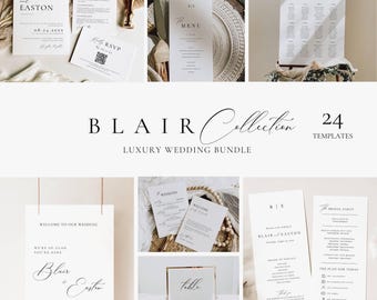 Wedding Reception Signs Templates Bundle, Modern Wedding Stationery Bundle, Elegant Wedding Suite with Qr Code, Editable Table Signage AT10