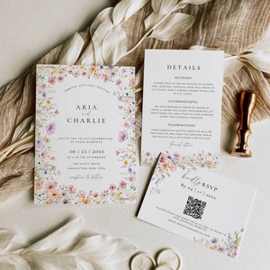 Watercolor Wildflower Border Wedding Invitation, Whimsical Floral Wedding Invite Suite TEMPLATE Wildflower Invite Set with Rsvp QR Code AT13