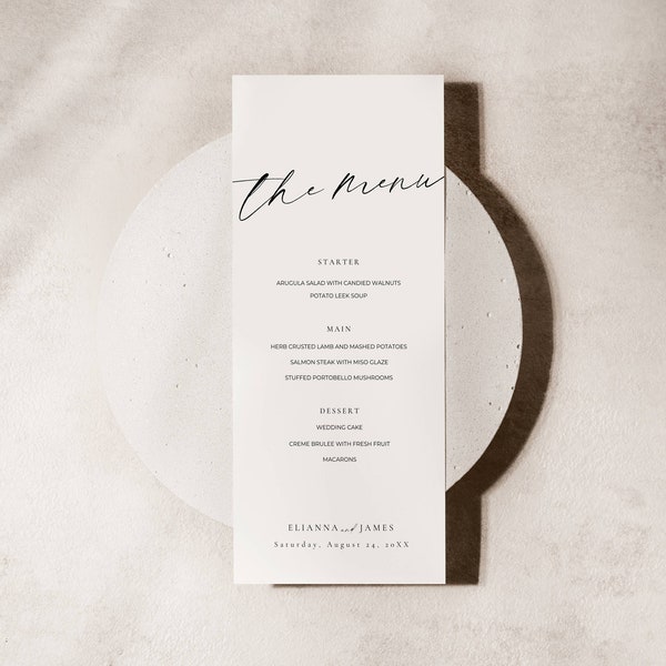 Modern Script Wedding Dinner Menu Template, Elegant Reception Table Dinner Menu, Minimal Menu Card Editable, Menu Tall Place Setting AT14