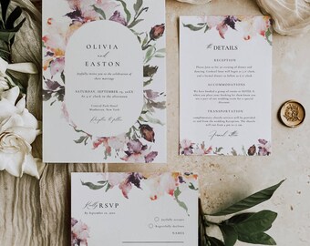 Minimal Floral Wedding Invitation Set Template, Wildflower Wedding Invite Suite Editable, Elegant Botanical Invitation Bundle Download -AT15