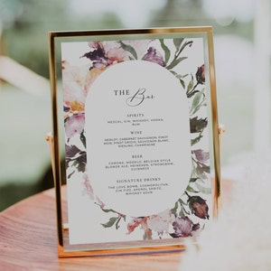 Floral Wedding Bar Sign Digital, Plantilla de menú de bar elegante Canva, Menús de boda de flores silvestres imprimibles, Señalización de bebidas exclusiva editable AT15