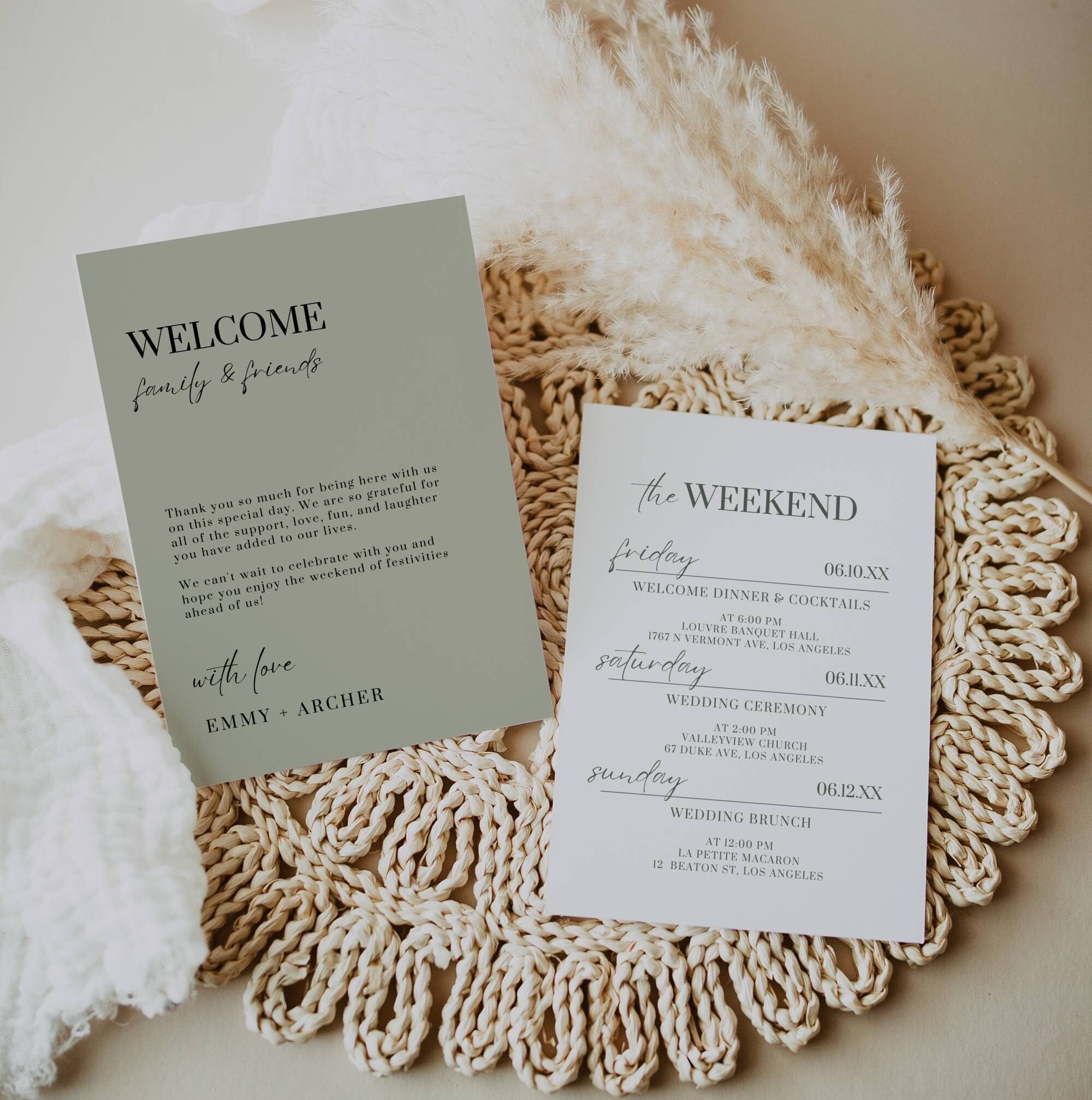 Sage Wedding Weekend Itinerary Template, Green Order Of Events Guide, Welcome Bag Note & Timeline, Modern Welcome Letter Canva Download AT06