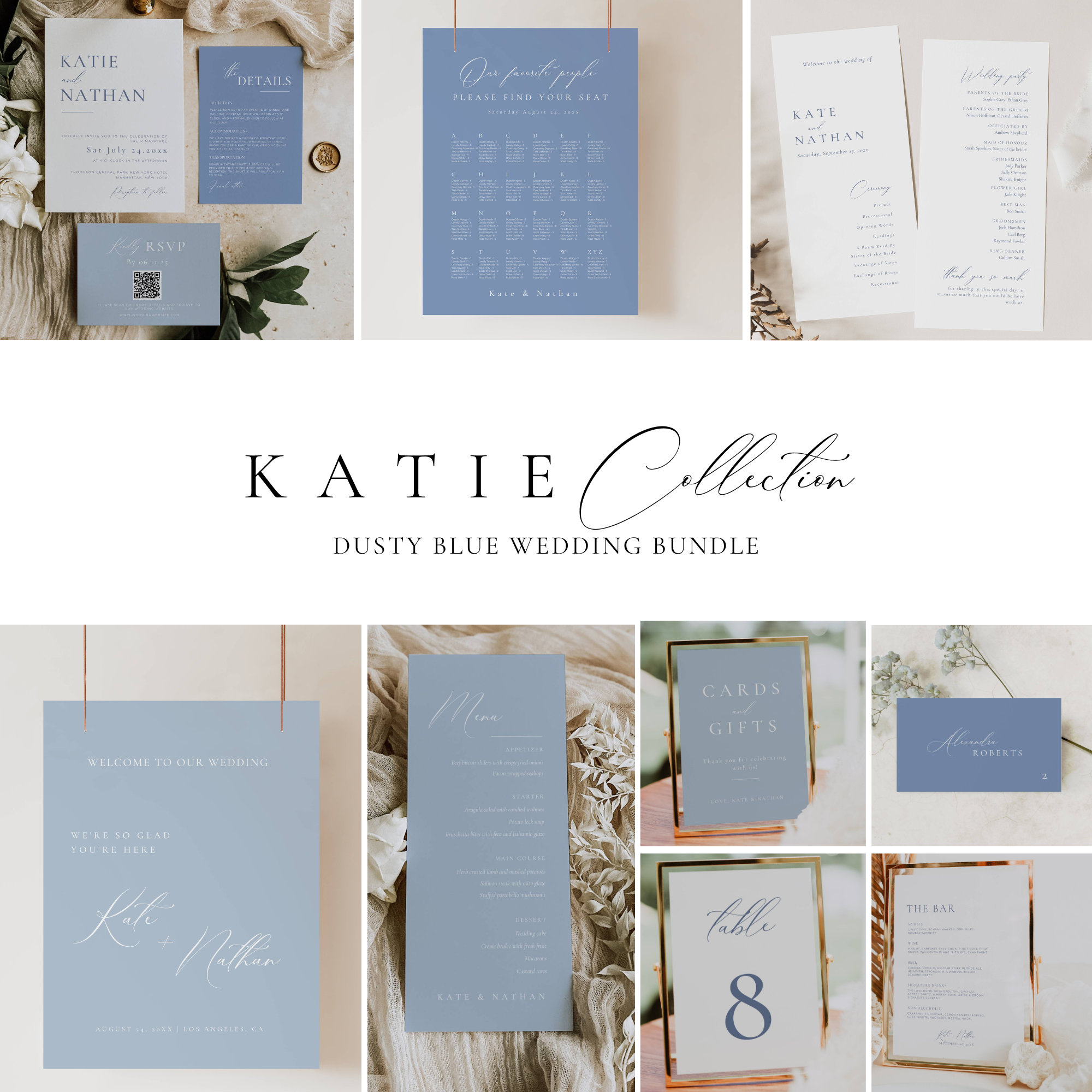 Dusty Blue Wedding Reception Bundle, French Blue Stationery Template Bundle, Light Blue Table Sign, Editable Wedding Invitation Package AT09