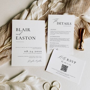 Pacchetto di inviti di nozze minimalisti con codice QR, set di modelli di inviti minimalisti, suite di inviti moderni, elegante RSVP online, scheda dettagliata AT10