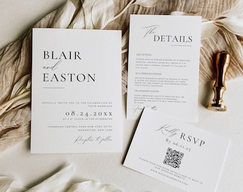 Minimalist Wedding Invitation Bundle Qr Code,  Minimal Invitation Template Set, Modern Invite Suite, Elegant Online Rsvp, Details Card AT10