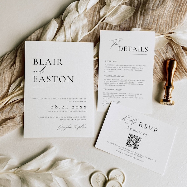 Minimalistisches Hochzeitseinladungs-Paket Qr Code, Minimale Einladungsvorlagen-Set, Modernes Invite Set, Elegantes Online-Rsvp, Detailkarte AT10