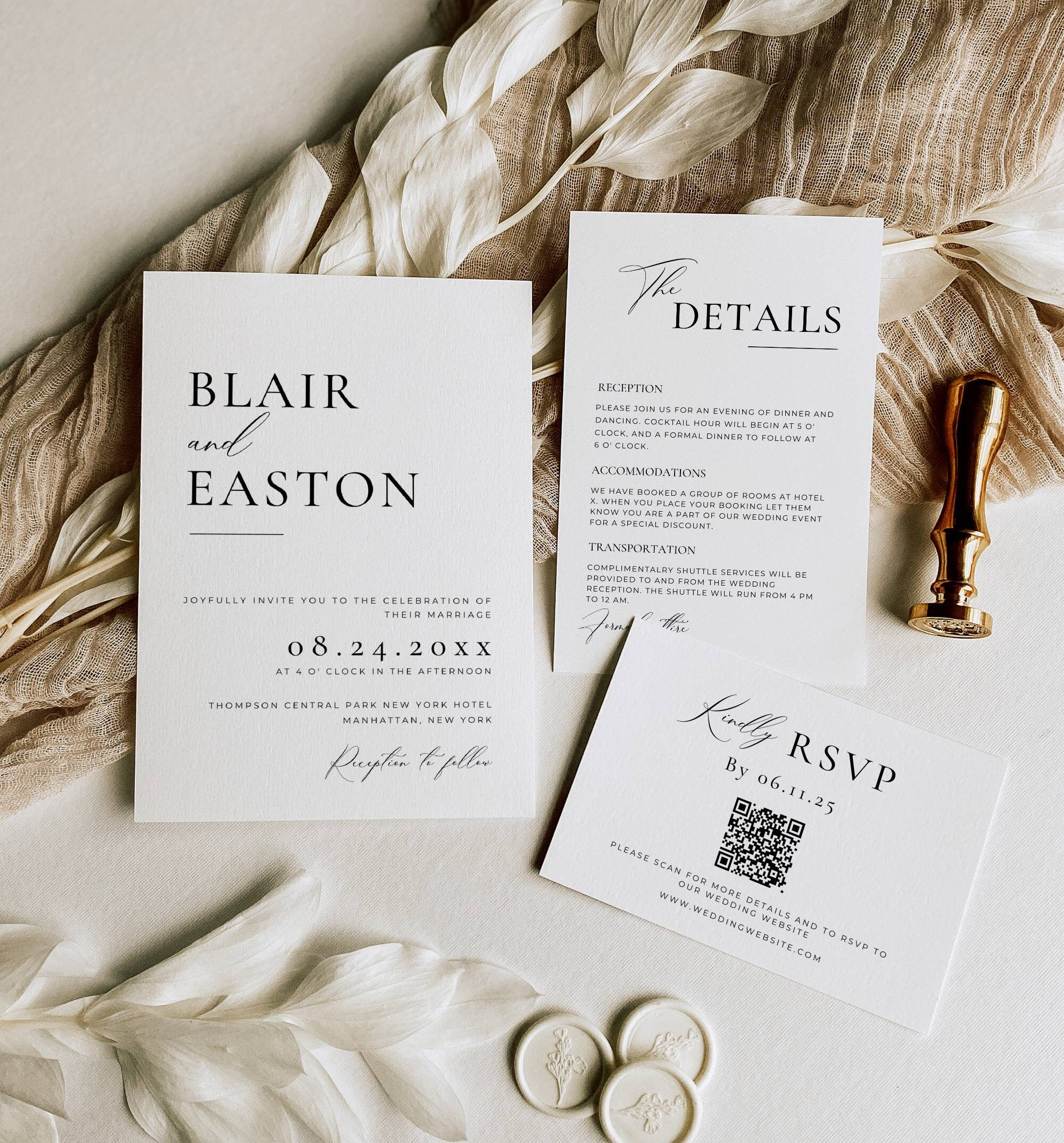 Minimalistische huwelijksuitnodigingbundel QR-code, minimale uitnodigingssjabloonset, moderne uitnodigingssuite, elegante online RSVP, detailskaart AT10