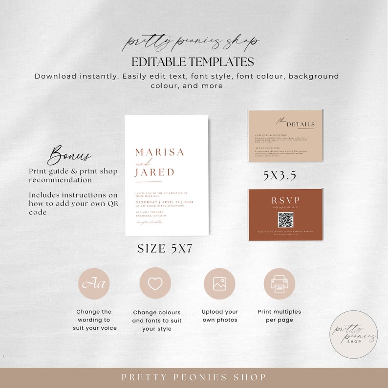 May include: Editable wedding invitation template with a minimalist design. The invitation features the names "MARISA and JARED" in a modern font. The invitation is 5x7 inches and includes a bonus print guide and instructions on how to add a QR code.