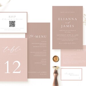 May include: A set of blush-toned wedding stationery, including an invitation, RSVP card, menu, table card with the number 12, and details card. The invitation features the names Elianna and James. A wax seal and a stamp are also included.