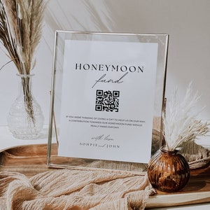 Segno codice Qr fondo luna di miele personalizzato, segno poesia desiderio luna di miele, segnaletica regalo in contanti per matrimoni, modello di segno di nozze regalo in denaro -AT02