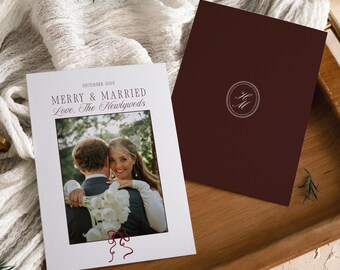 Merry & Married Newlywed Christmas Card, Burgundy Old Money Holiday Photo Template, First Christmas as Mr and Mrs, Editable Download AT40