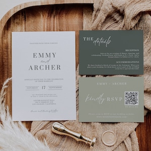 Salbeigrüne Hochzeitseinladungsreihe mit Qr Code, Minimales Einladungsset mit Detailkarte, modernes Qr Code Rsvp, bearbeitbares Vorlagenpaket AT06