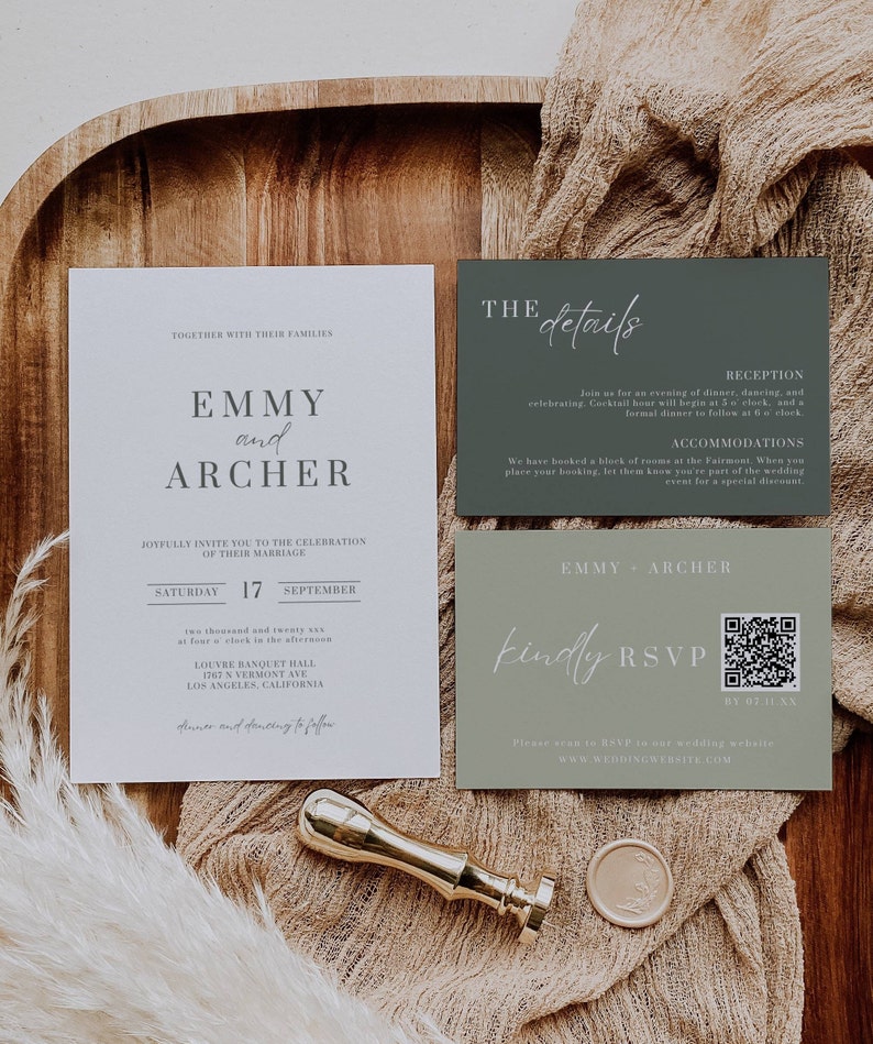 May include: A wedding invitation suite featuring a main invitation, details card, and RSVP card. The invitation is white with gray text, including the names "Emmy and Archer." The details card is dark green, and the RSVP card is light green. A gold wax seal and stamp are also present.