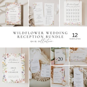 Wildflower Wedding Reception Template Bundle, Minimal Floral Wedding Signs Package, Elegant Stationery Invitation Suite Editable -AT13