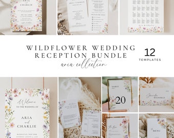 Wildflower Wedding Reception Template Bundle, Minimal Floral Wedding Signs Package, Elegant Stationery Invitation Suite Editable -AT13