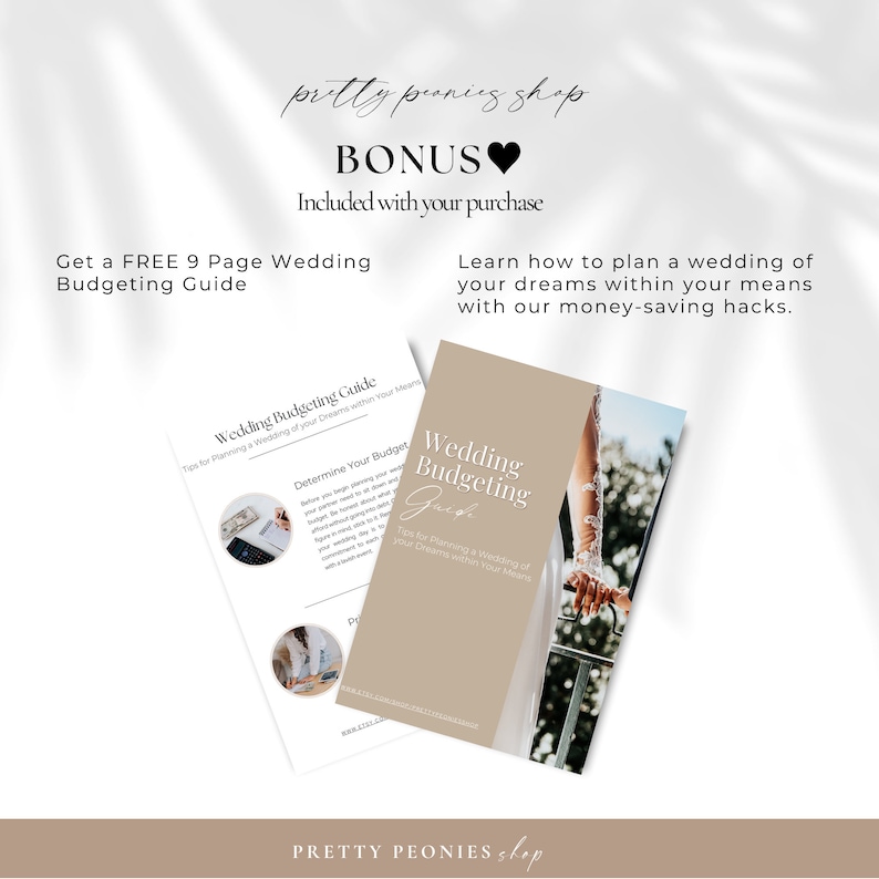May include: A beige and white printable wedding budgeting guide with the text "Wedding Budgeting Guide" and "Tips for Planning a Wedding of Your Dreams within Your Means".