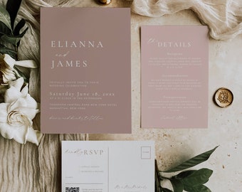 Modèle de Suite de faire-part de mariage rose poudré, invitations de mariage rose blush avec QR code RSVP, lot d'invitations minimalistes à télécharger -AT16