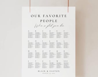 Wedding Seating Chart by Last Name Template, Alphabetical Wedding Seating Plan, Seat Assignment by Alphabet Poster, Editable Signage AT10