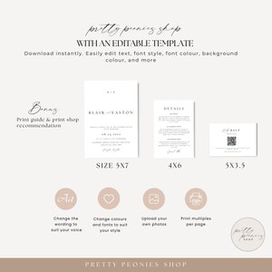 May include: A digital template for wedding invitations with a white background and black text. The template includes a main invitation, a details card, and an RSVP card. The text on the main invitation reads "Blair and Easton". The template is available in three sizes: 5x7 inches, 4x6 inches, and 5x3.5 inches.