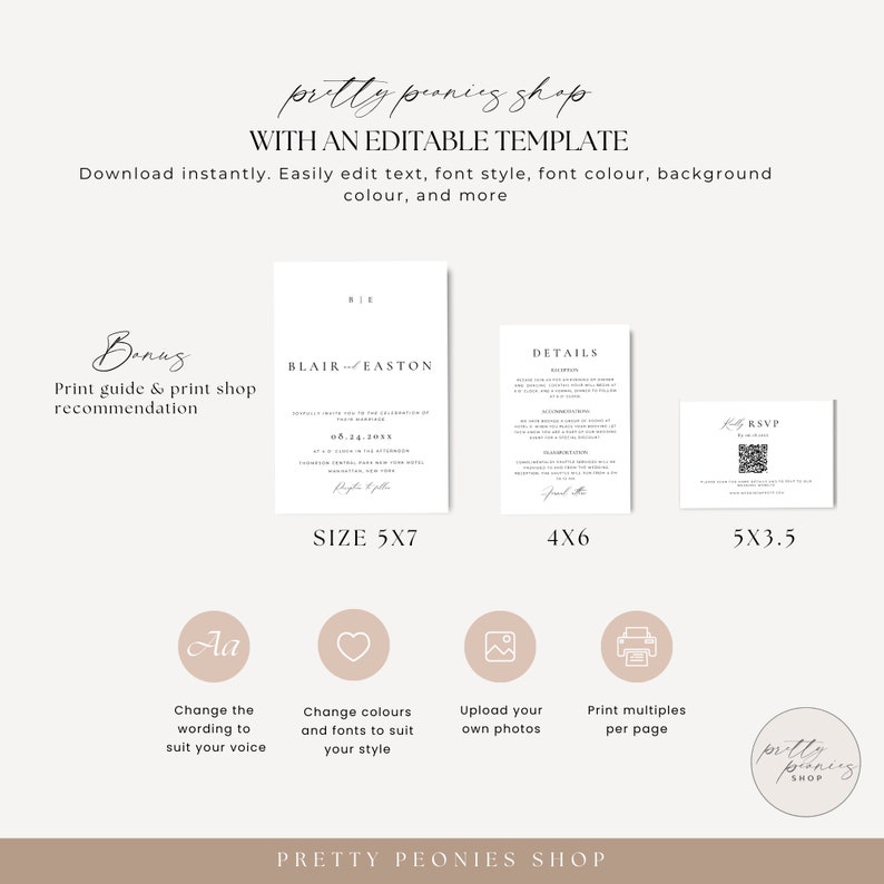 May include: A digital template for wedding invitations with a white background and black text. The template includes a main invitation, a details card, and an RSVP card. The text on the main invitation reads "Blair and Easton". The template is available in three sizes: 5x7 inches, 4x6 inches, and 5x3.5 inches.