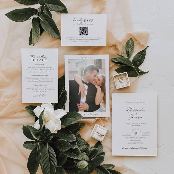 Wedding Invite Suite With Photo, Modern Invitation Set With Picture, Digital QR Code Rsvp, Editable Template Bundle AT32