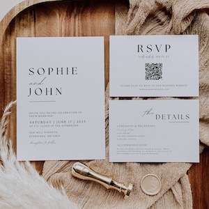 Minimalist Wedding Invite Suite, Modern Invitation Set Template Canva, Minimal Invitation with Qr Code RSVP, Details Card, Download AT02