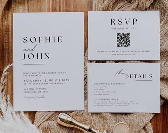 Minimalist Wedding Invite Suite, Modern Invitation Set Template Canva, Minimal Invitation with Qr Code RSVP, Details Card, Download AT02