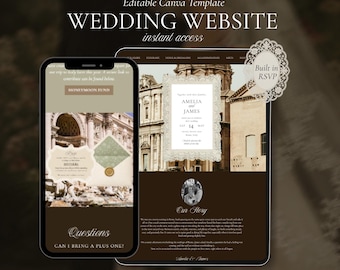 Italy Destination Wedding Website Template, Online RSVP Digital Invitation, Classic Espresso Canva Evite