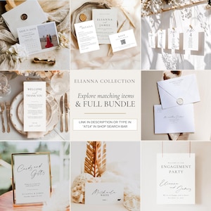 May include: A collection of wedding stationery, including invitations, RSVP cards, table numbers, and signage. The items are in a minimalist style with elegant fonts and a neutral color palette. The text "ELIANNA COLLECTION" is visible.