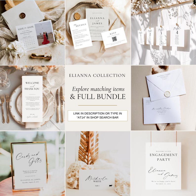 May include: A collection of wedding stationery, including invitations, RSVP cards, table numbers, and signage. The items are in a minimalist style with elegant fonts and a neutral color palette. The text "ELIANNA COLLECTION" is visible.