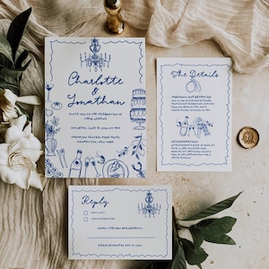 Handgezeichnete Hochzeitseinladung, handgeschriebene Hochzeitseinladungen in Marineblau, illustrierte Einladungssatz-Vorlage, Retro-Stil-Rsvp & Details AT27