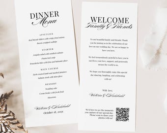Hochzeitsmenü aus altem Geld, Willkommens- und Dankestabellenkarte, bearbeitbare Menüvorlage für das Abendbrot, Gedeck Hinweis mit QR-Code - AT26