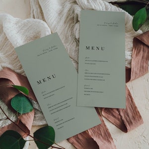 Menu de casamento Sage para impressão, menu de jantar de recepção minimalista editável, modelo de cartão de menu Sage Green, menu de chá de panela imprimível AT06