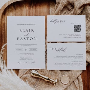 Minimal Wedding Invitation Suite Template Canva, Simple Wedding Invite Set Digital Download, Modern QR Code Rsvp Invitation Package-AT10