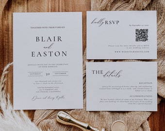 Minimal Wedding Invitation Suite Template Canva, Simple Wedding Invite Set Digital Download, Modern QR Code Rsvp Invitation Package-AT10