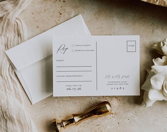 Plantilla de tarjeta de confirmación de asistencia para bodas, tarjeta de respuesta tipo postal en Canva, inserto minimalista para respuesta de boda, descarga digital de tarjeta de confirmación de asistencia moderna AT10