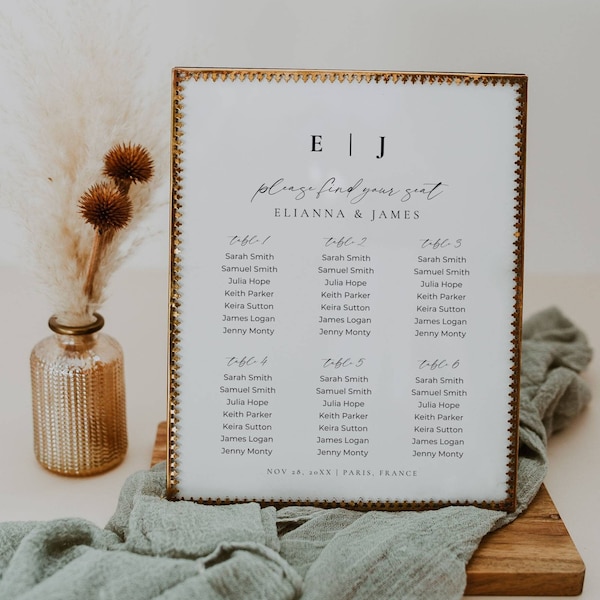 Seating Chart Small Wedding, Seating Chart Template Monogram, 6 Tables Seating Chart, Seating Plan Table Sign, Editable Canva Template  AT14