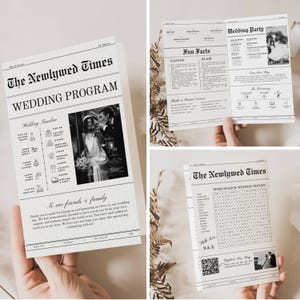 Puede incluir: Un conjunto de programas de boda diseñados para parecerse a un periódico. La portada presenta una foto de una pareja, una línea de tiempo de la boda y el texto "The Newlywed Times WEDDING PROGRAM."