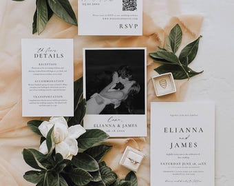Elegant Wedding Invitation Set,  Black and White Wedding Invite Suite Photo, Editable Stationery Card Templates AT14