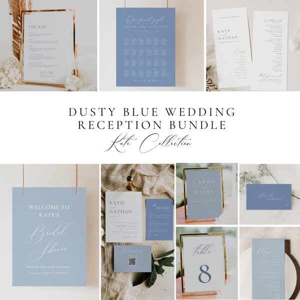 Dusty Blue Wedding Reception Bundle, French Blue Stationery Template Bundle, Light Blue Table Sign, Editable Wedding Invitation Package AT09