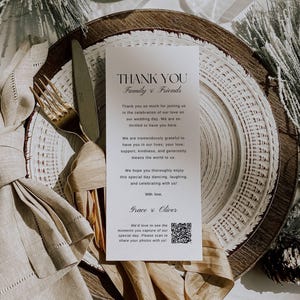 Tarjetas de agradecimiento de boda con código QR, plantilla de menú de bienvenida con tarjeta de lugar, servilletas de bienvenida imprimibles, plantilla de tarjeta de agradecimiento minimalista AT24
