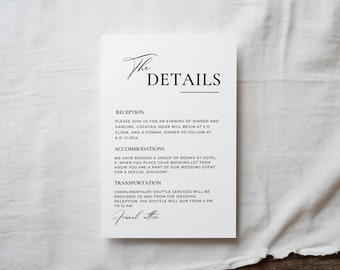 Wedding Invite Details Card TEMPLATE Modern Details Insert, Script Printable Enclosure Card, Minimalist Accommodation Card, Editable AT10