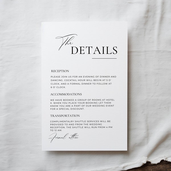 Wedding Invite Details Card TEMPLATE Modern Details Insert, Script Printable Enclosure Card, Minimalist Accommodation Card, Editable AT10